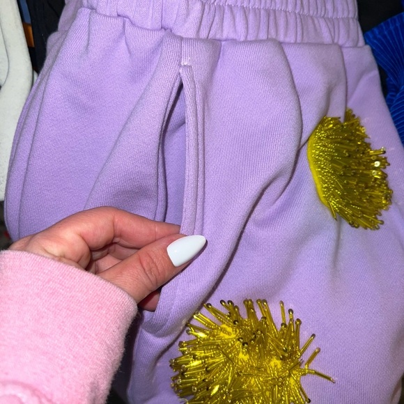 QUEEN OF SPARKLES Lavender & Gold Fringe Bead Polka Dot Shorts - Picture 6 of 6